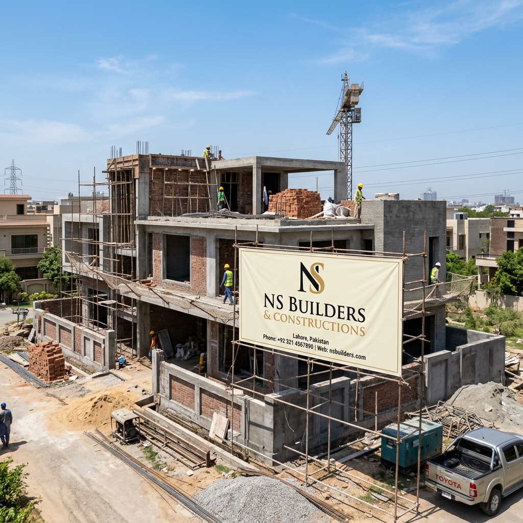 NS Builders active premium villa construction site in Lahore
