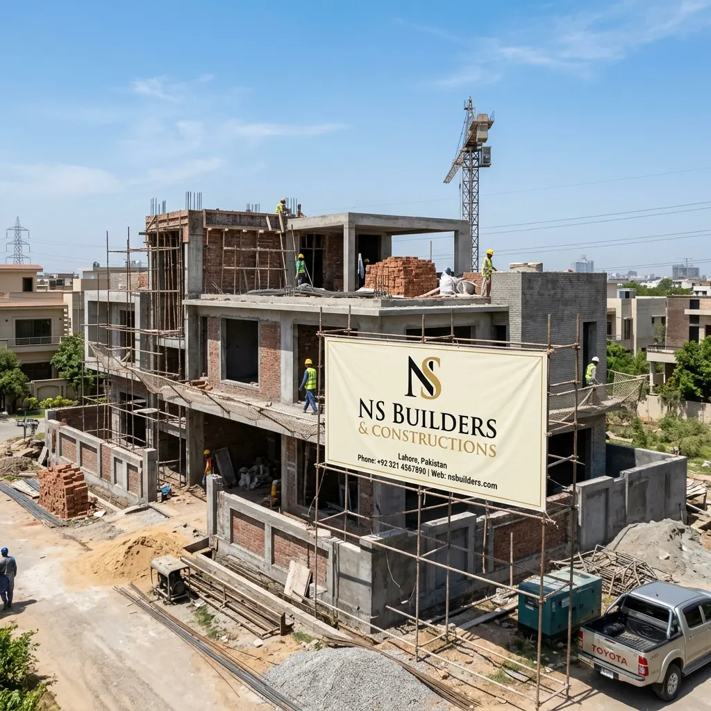 NS Builders active premium villa construction site in Lahore